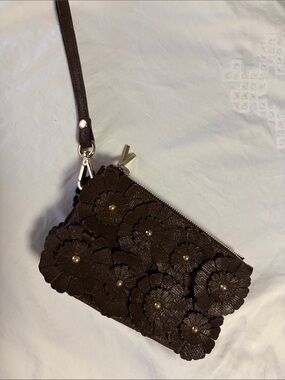 Brown Floral Appliqué Wristlet Clutch with Gold Accents